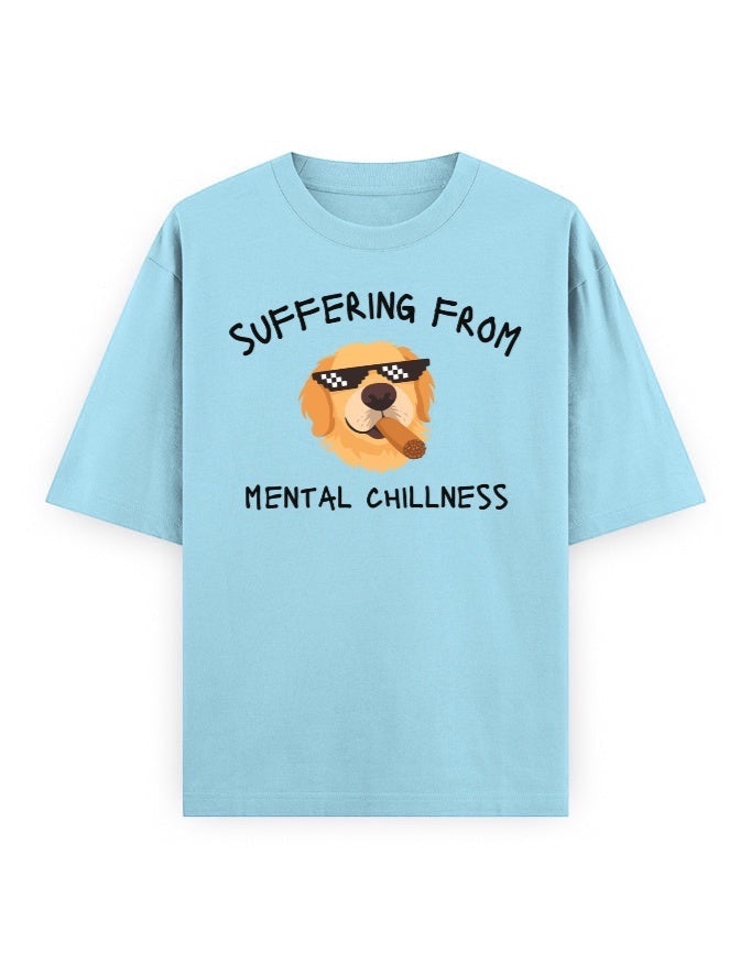 Frolic Saga light blue 100% cotton oversized t-shirt with a graphic of a golden retriever wearing pixelated sunglasses and smoking a cigar, with the text "Suffering From Mental Chillness".