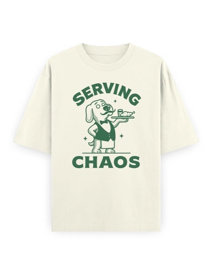 Frolic Saga unisex oversized classic t-shirt in cream, made of 100% cotton with a graphic of a dog serving drinks.
