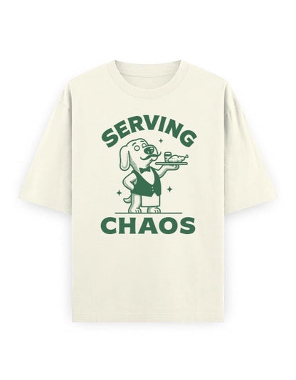 Frolic Saga unisex oversized classic t-shirt in cream, made of 100% cotton with a graphic of a dog serving drinks.
