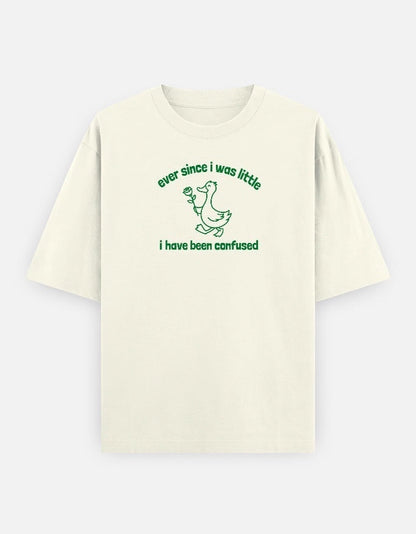 Frolic Saga off-white oversized cotton t-shirt with green line-drawn duck holding a rose and text "ever since i was little i have been confused."