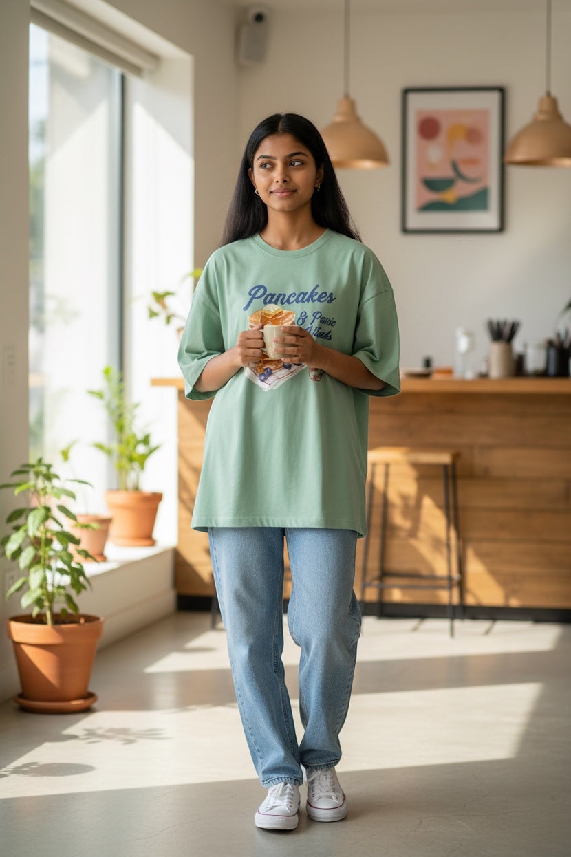 Frolic Saga light green oversized French Terry cotton tee with "Pancake & Panic Attack" graphic print, worn by a woman holding a mug.