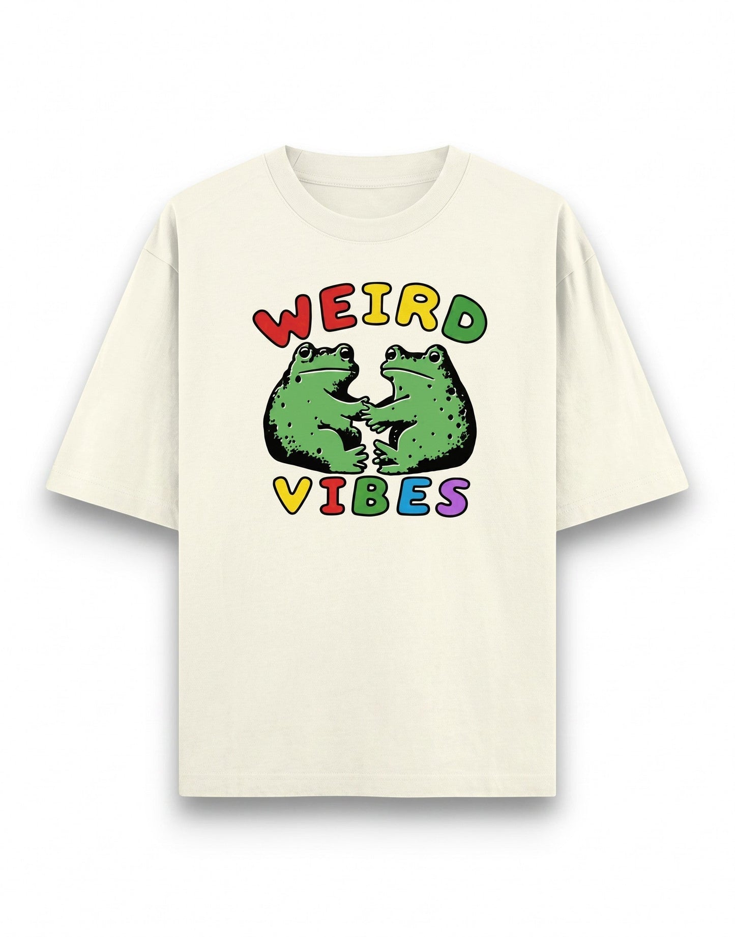 Frolic Saga cream oversized cotton t-shirt with Weird Vibes graphic featuring two green frogs in colorful text.
