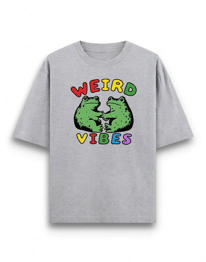 Frolic Saga grey heavyweight cotton oversized t-shirt featuring a colorful Weird Vibes frog graphic print.