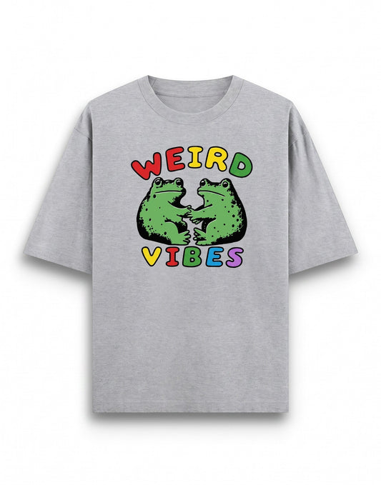 Frolic Saga grey heavyweight cotton oversized t-shirt featuring a colorful Weird Vibes frog graphic print.
