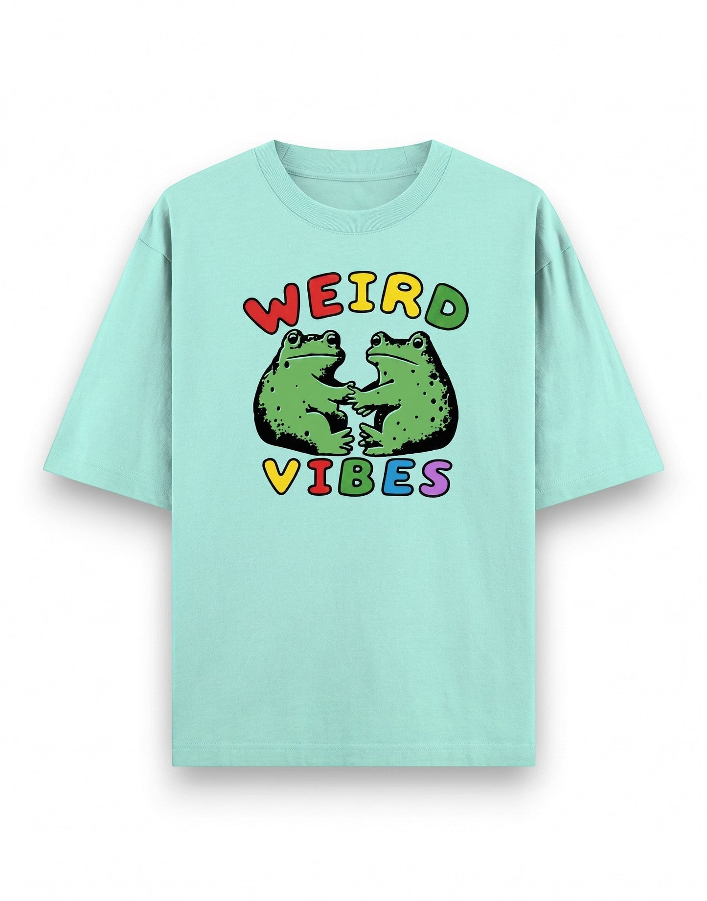 Frolic Saga mint green oversized cotton t-shirt with a graphic of two frogs and the text Weird Vibes.