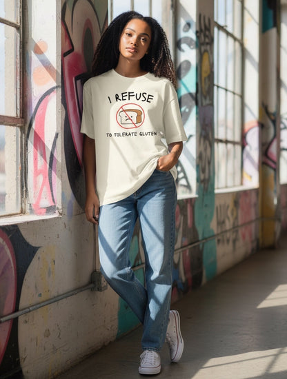 Frolic Saga unisex oversized cream t-shirt with "I refuse to tolerate gluten" graphic print, 100% cotton.