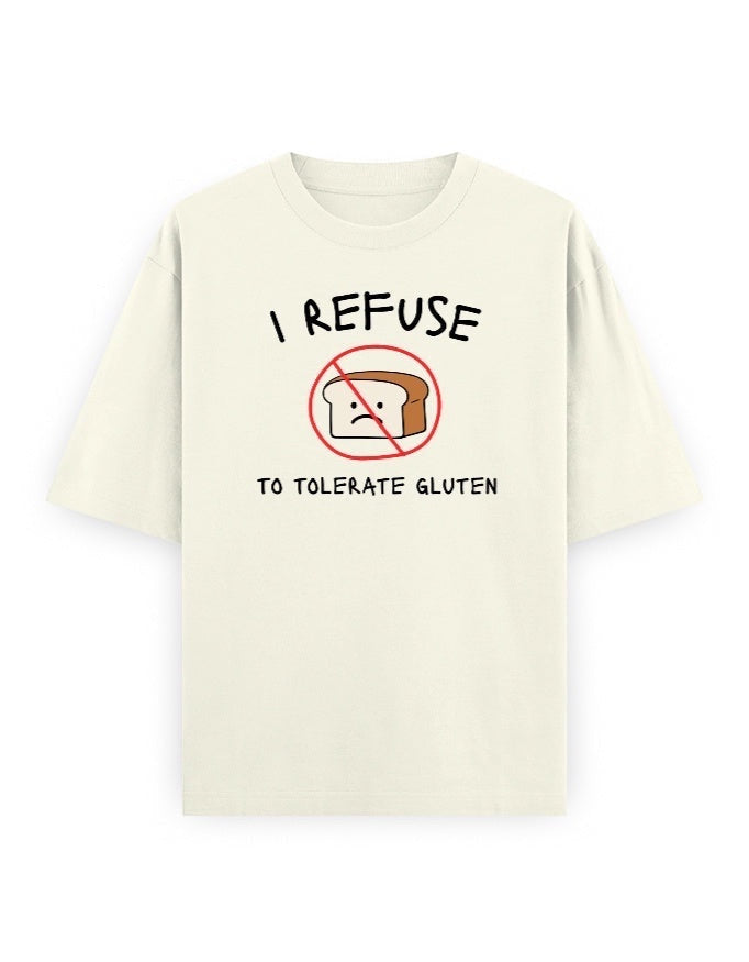 Frolic Saga unisex oversized t-shirt in cream, 100% cotton, with a graphic print saying "I refuse to tolerate gluten" and a sad slice of bread icon.