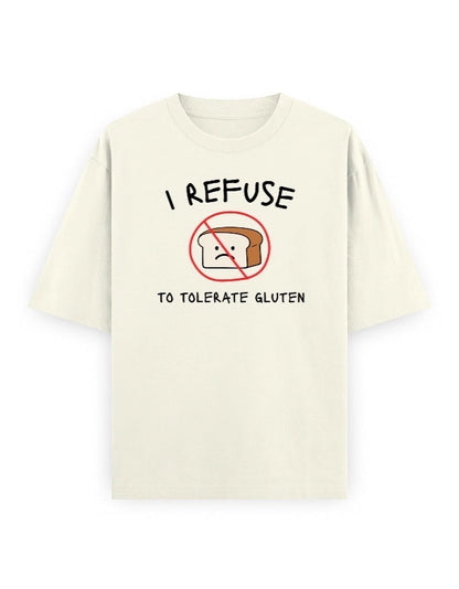 Frolic Saga unisex oversized t-shirt in cream, 100% cotton, with a graphic print saying "I refuse to tolerate gluten" and a sad slice of bread icon.