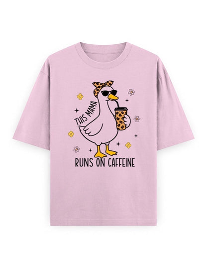 Frolic Saga unisex oversized light pink 100% cotton t-shirt with a graphic of a duck wearing sunglasses and a bandana, holding a coffee cup.