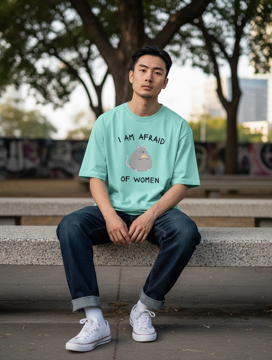 Frolic Saga mint green oversized t-shirt with ironic rat graphic and text "I Am Afraid Of Women".