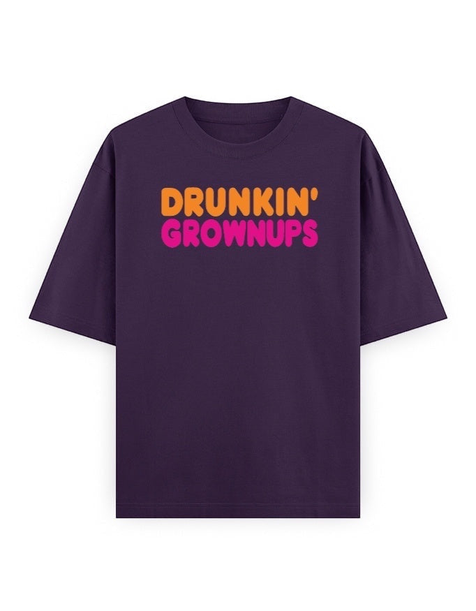 Frolic Saga oversized purple cotton t-shirt with "Drunkin' Grownups" graphic in orange and pink