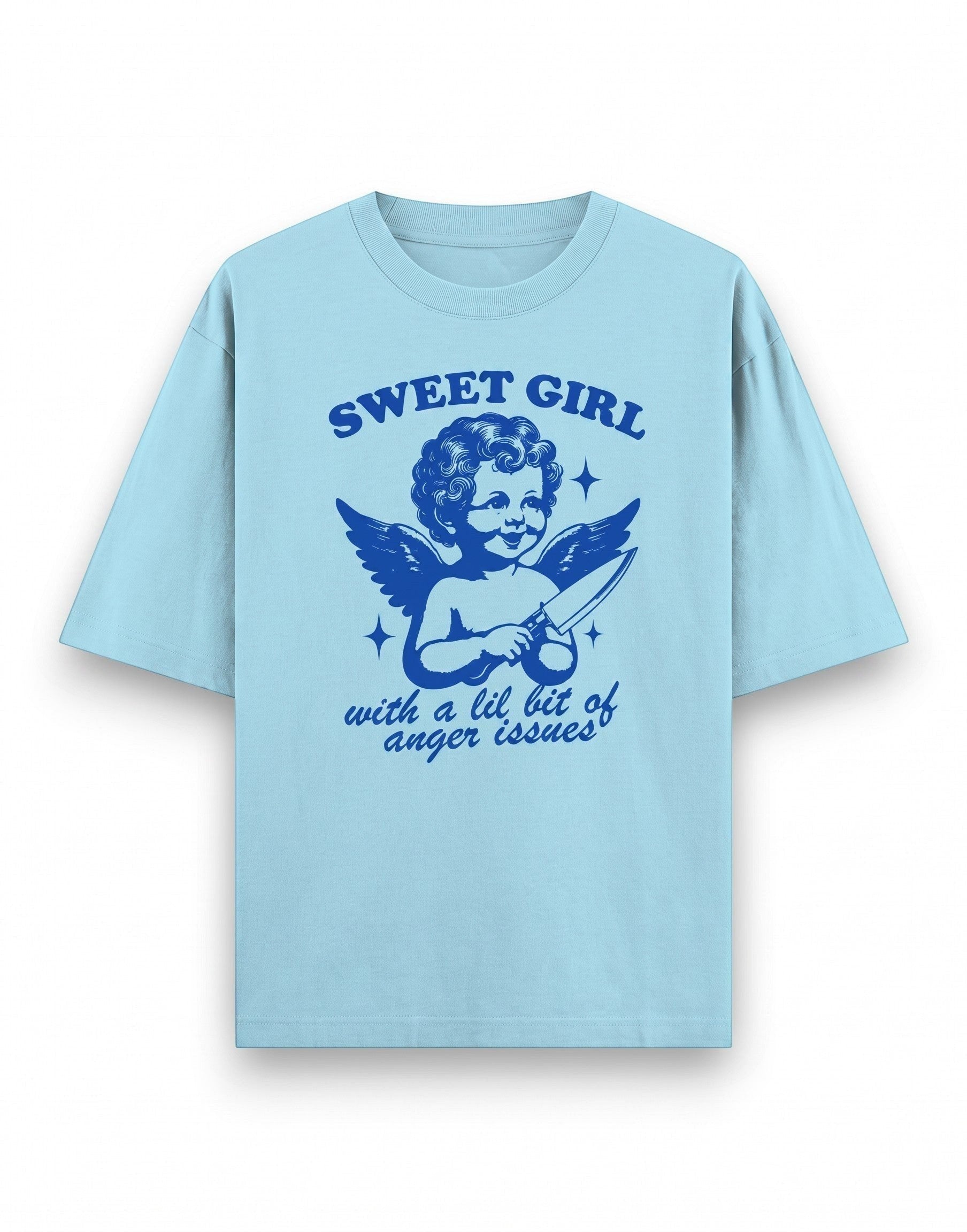 Frolic Saga light blue oversized cotton t-shirt with a dark blue graphic of a cherub holding a knife.