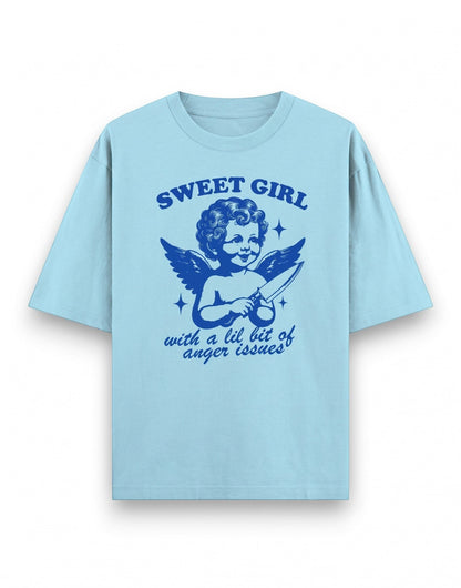 Frolic Saga light blue oversized cotton t-shirt with a dark blue graphic of a cherub holding a knife.