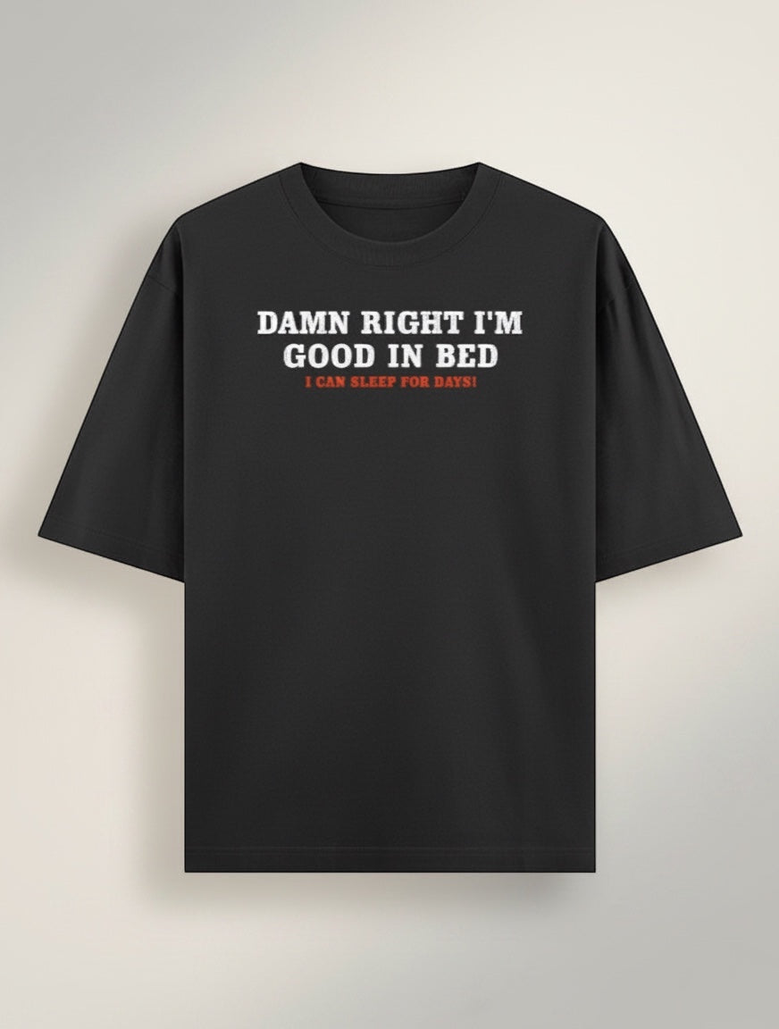 Frolic Saga Unisex oversized classic black 100% cotton t-shirt with white and red text graphic.