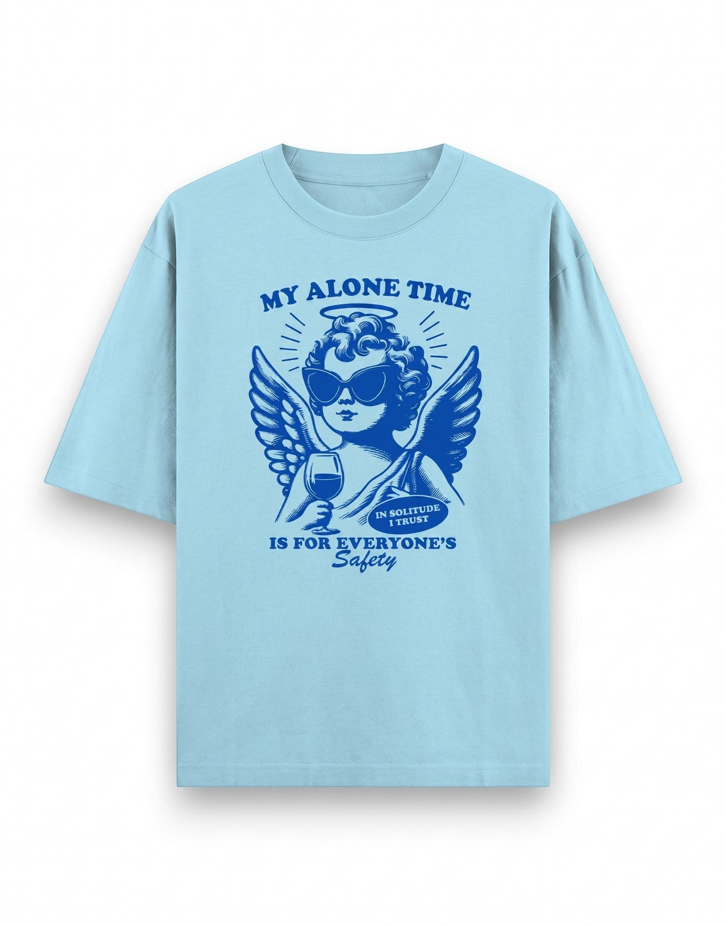 Frolic Saga light blue heavyweight cotton oversized t-shirt with a graphic of a cherub wearing sunglasses.