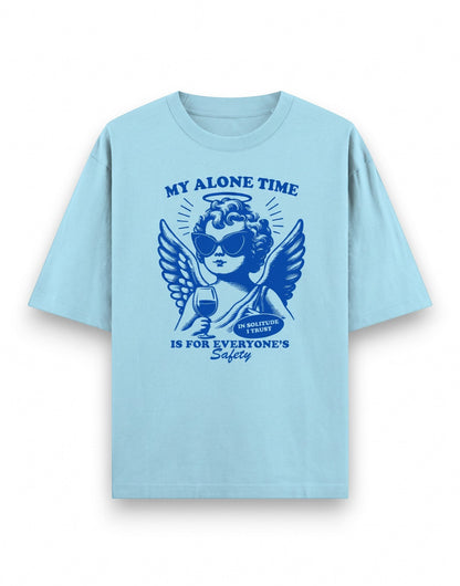 Frolic Saga light blue heavyweight cotton oversized t-shirt with a graphic of a cherub wearing sunglasses.