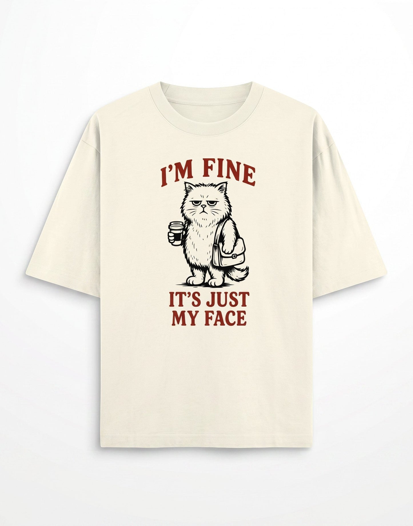 Frolic Saga cream oversized cotton t-shirt with a grumpy cat graphic and I'm Fine It's Just My Face text print.