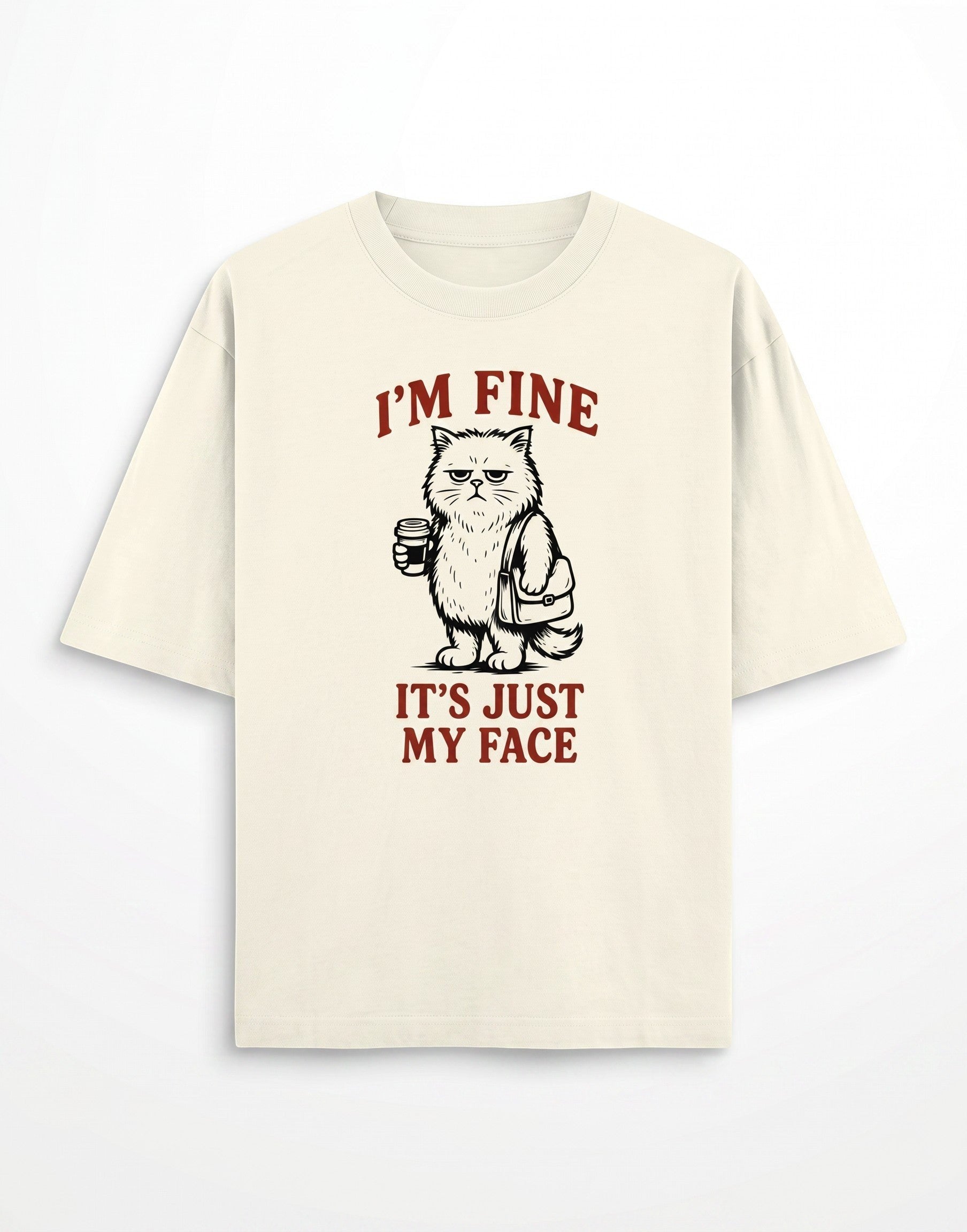 Frolic Saga cream oversized cotton t-shirt with a grumpy cat graphic and I'm Fine It's Just My Face text print.