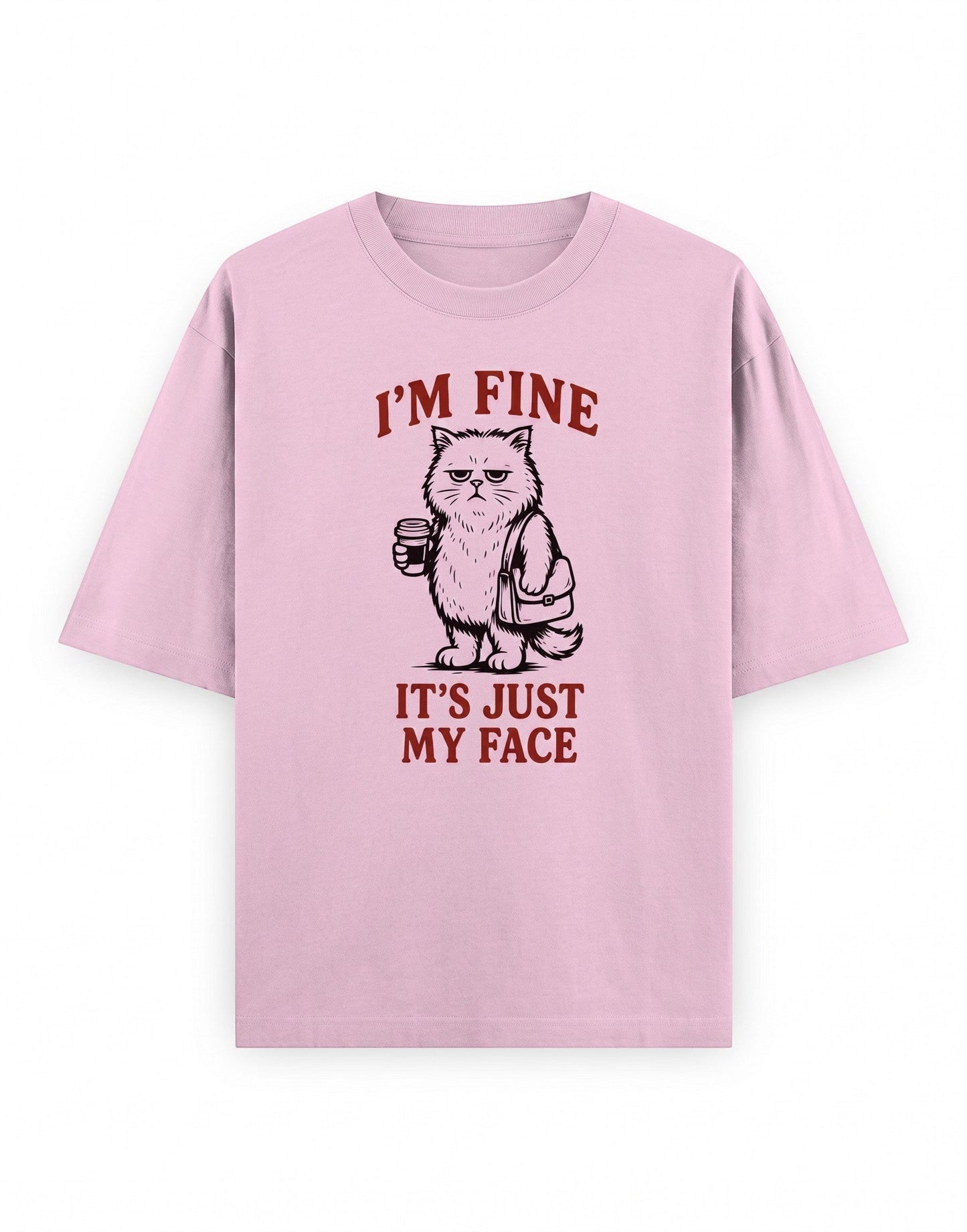 Frolic Saga light pink oversized cotton t-shirt featuring a grumpy cat graphic with the text I'M FINE IT'S JUST MY FACE