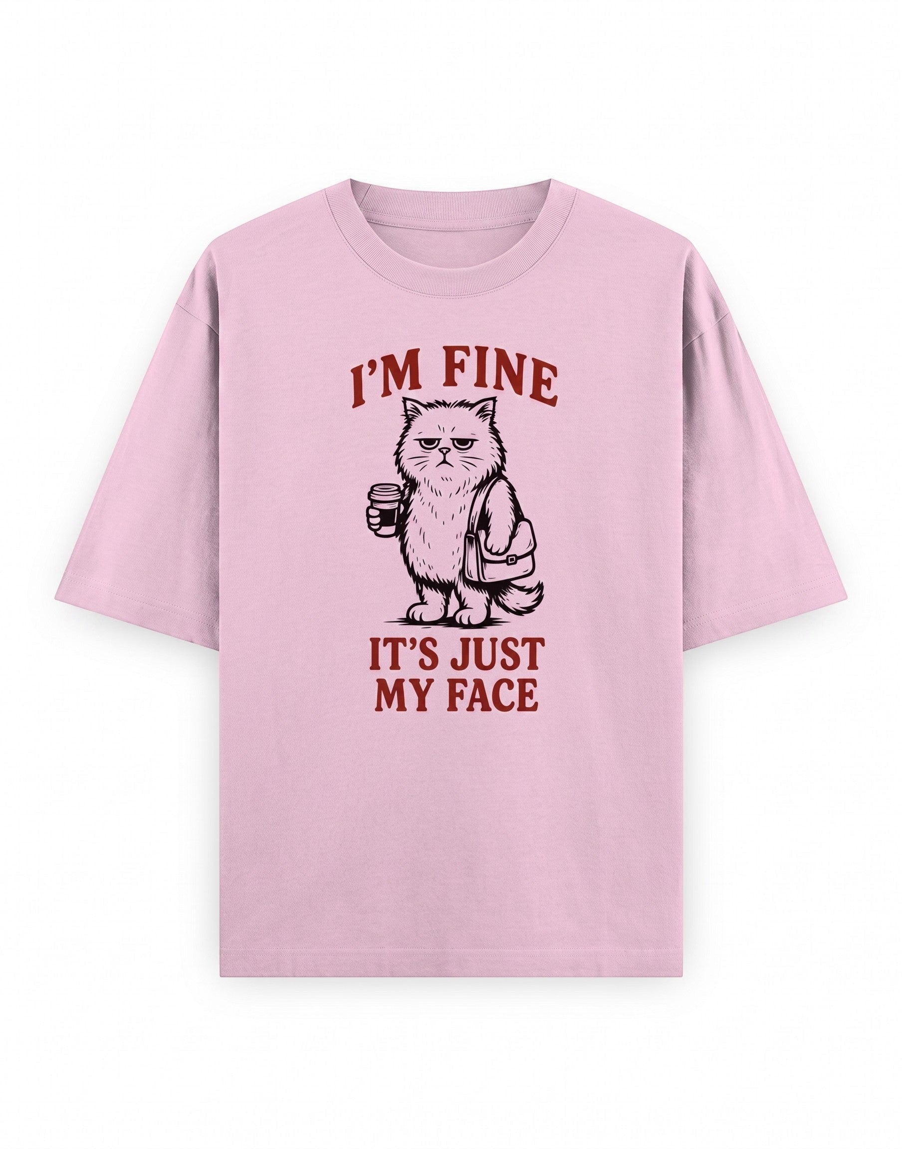 Frolic Saga light pink oversized cotton t-shirt featuring a grumpy cat graphic with the text I'M FINE IT'S JUST MY FACE