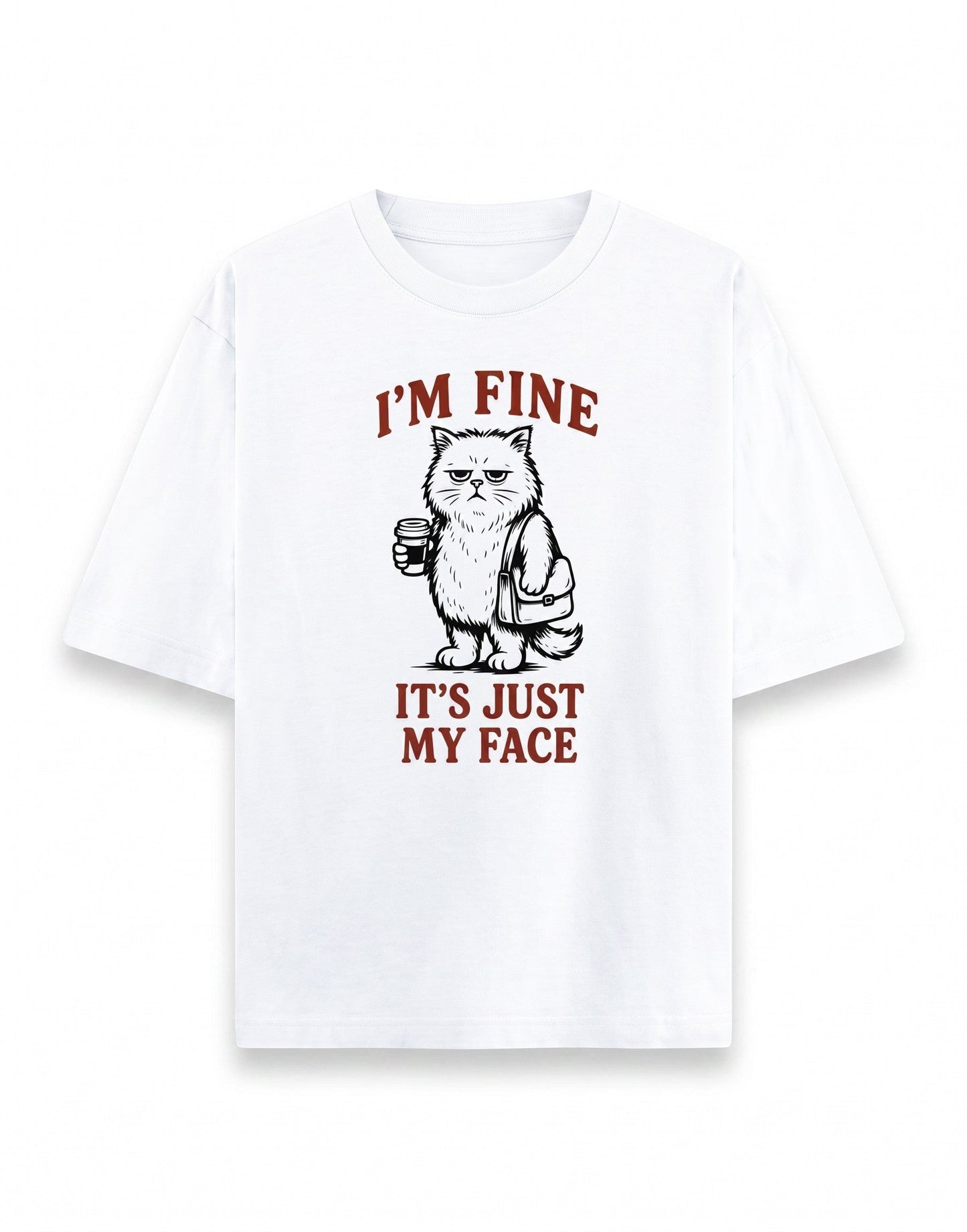 Frolic Saga white heavyweight cotton oversized t-shirt with a grumpy cat graphic and I'm Fine text print.