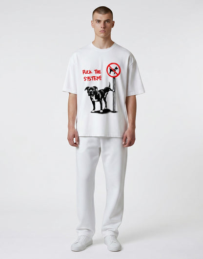 Frolic Saga white heavyweight cotton oversized unisex t-shirt with graphic dog print and text on a male model.