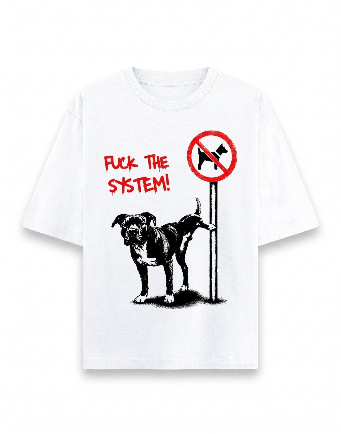 Frolic Saga white heavyweight cotton unisex oversized t-shirt with Fuck The System dog graphic print.