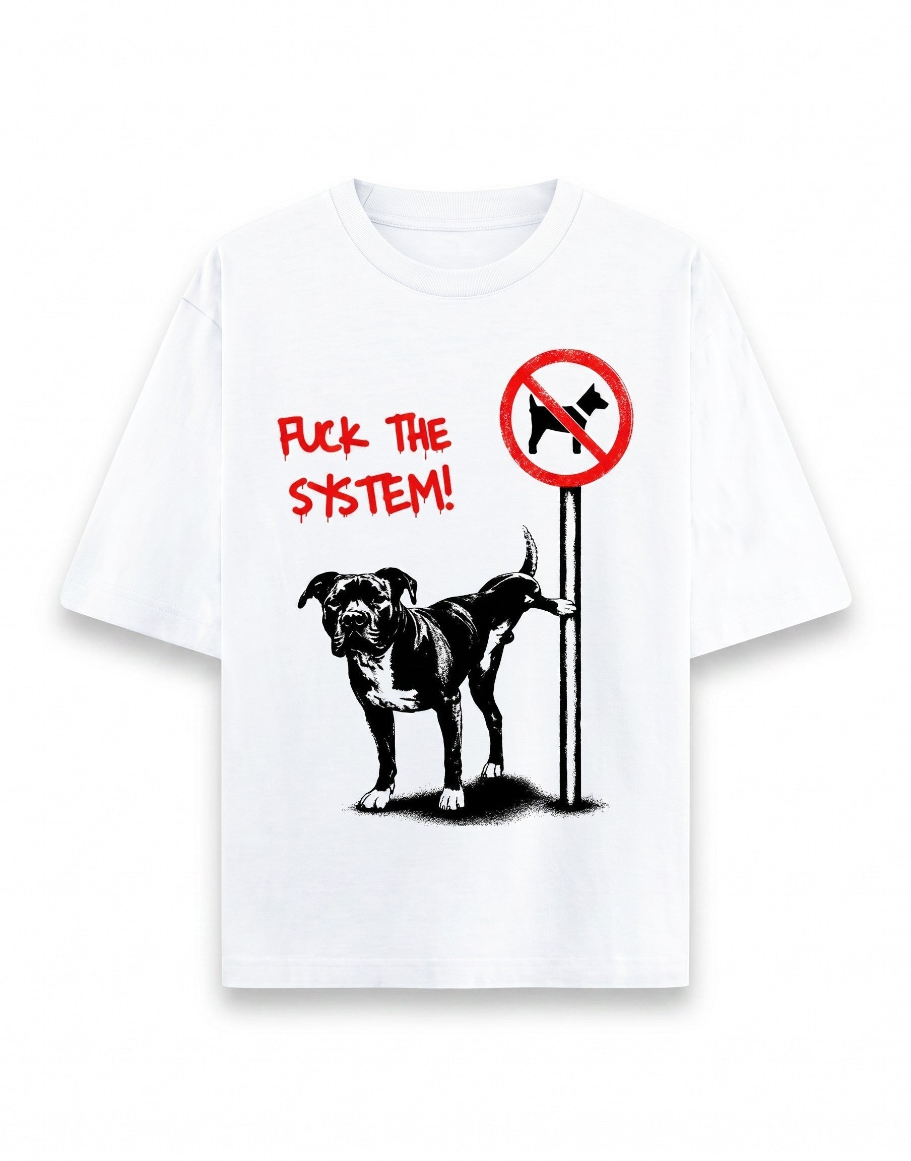 Frolic Saga white heavyweight cotton unisex oversized t-shirt with Fuck The System dog graphic print.