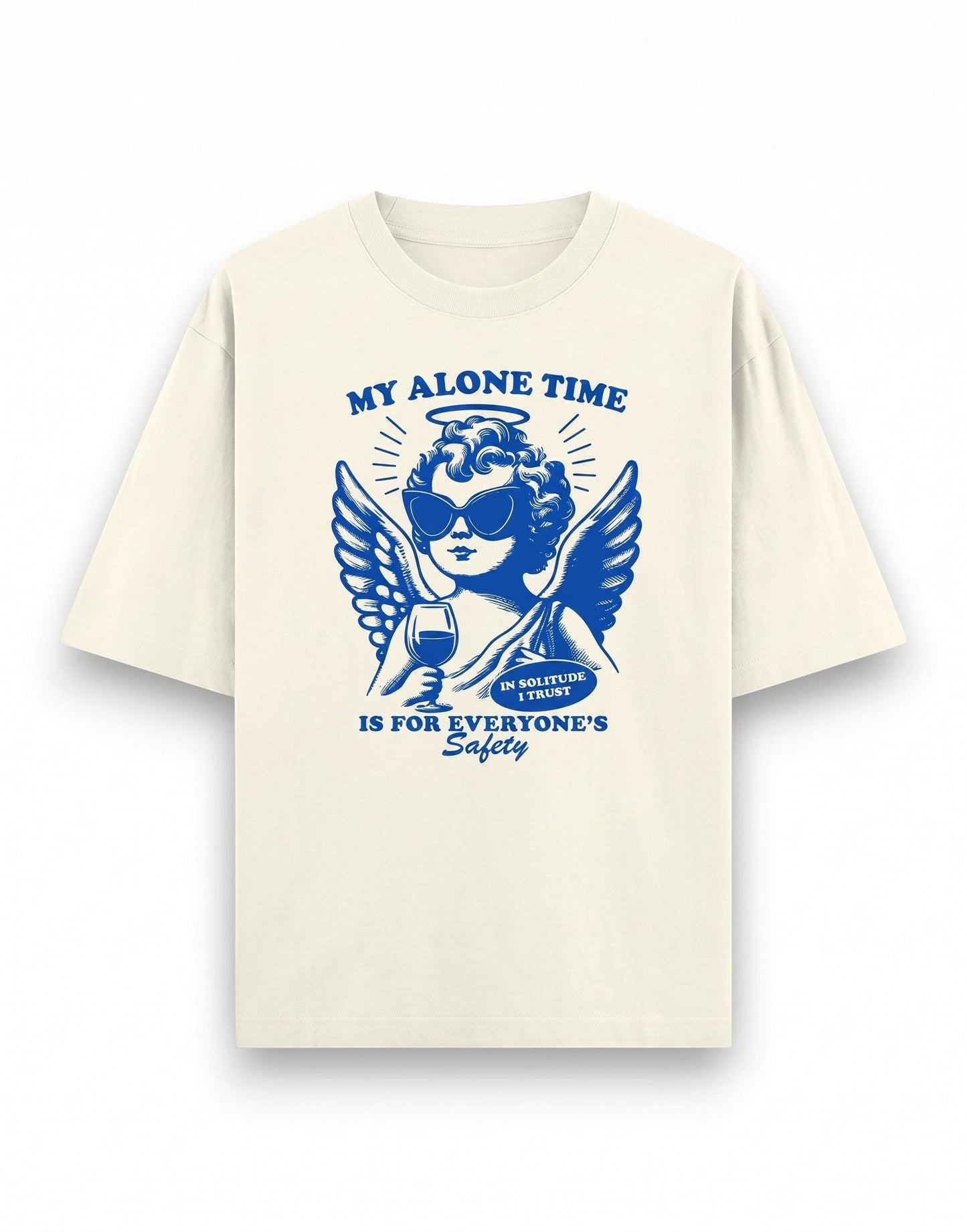Frolic Saga unisex oversized cream cotton t-shirt with blue graphic print of a cherub with sunglasses and wine glass.