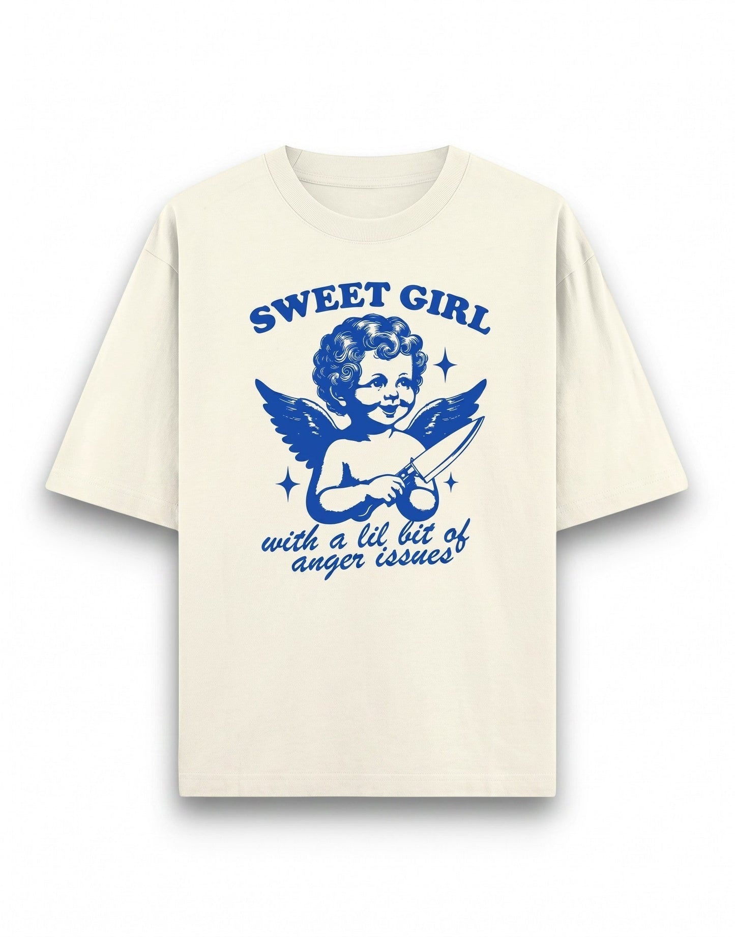 Frolic Saga cream heavyweight cotton unisex oversized t-shirt with blue graphic of a cherub holding a knife.