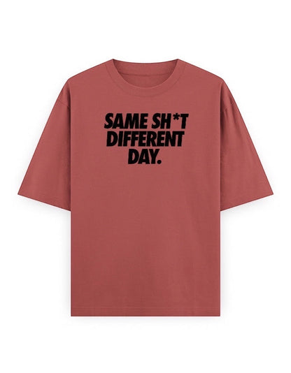 Frolic Saga Unisex oversized classic t-shirt in rust red, 100% cotton with bold black text graphic.
