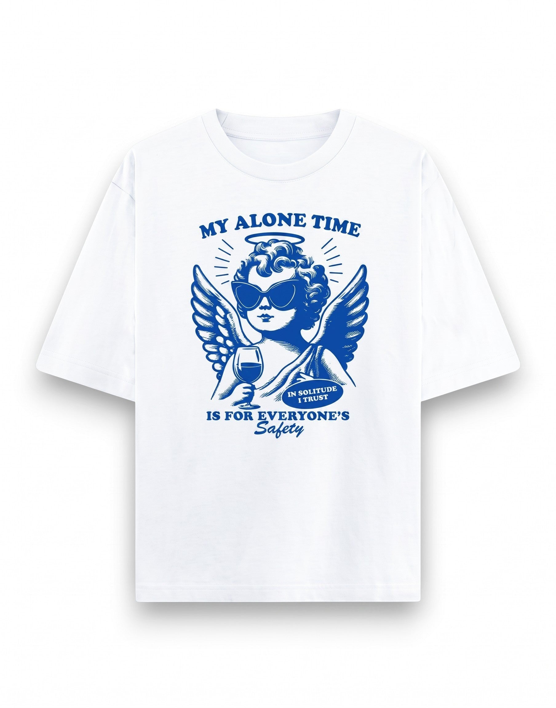Frolic Saga white heavyweight cotton oversized t-shirt with blue graphic of a cherub wearing sunglasses and wine glass