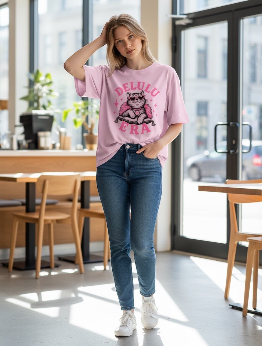 Frolic Saga pink oversized 100% cotton t-shirt with a graphic print of a cat wearing sunglasses and a fluffy boa.