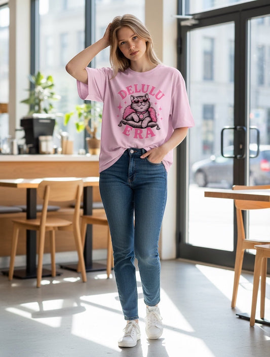 Frolic Saga pink oversized 100% cotton t-shirt with a graphic print of a cat wearing sunglasses and a fluffy boa.