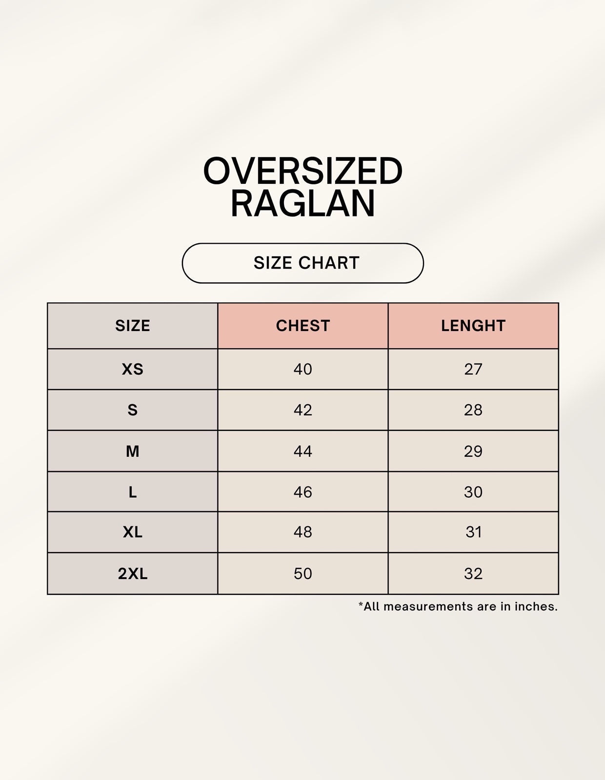 Frolic Saga Unisex Oversized Raglan size chart table with chest and length measurements in inches