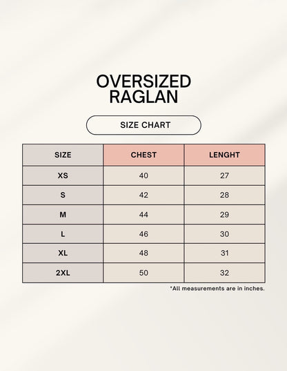 Frolic Saga Unisex Oversized Raglan size chart showing chest and length measurements in inches for sizes XS to 2XL