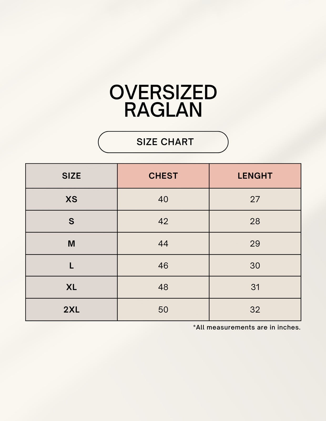 Frolic Saga unisex oversized raglan size chart with chest and length measurements in inches for sizes XS to 2XL
