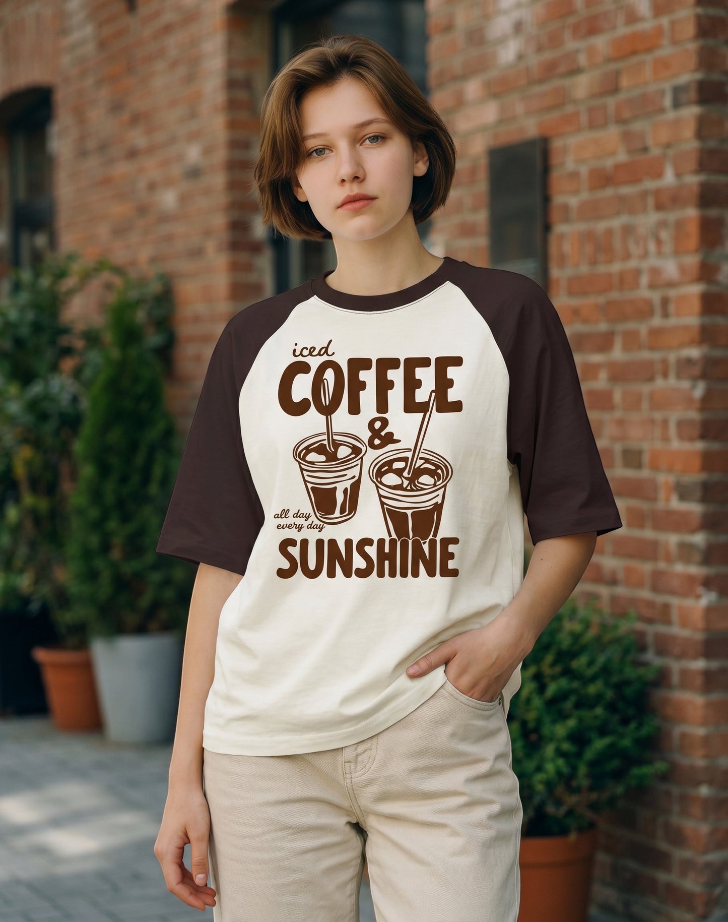 Frolic Saga oversized raglan t-shirt with iced coffee graphic, cream and brown cotton, worn by a woman outdoors.
