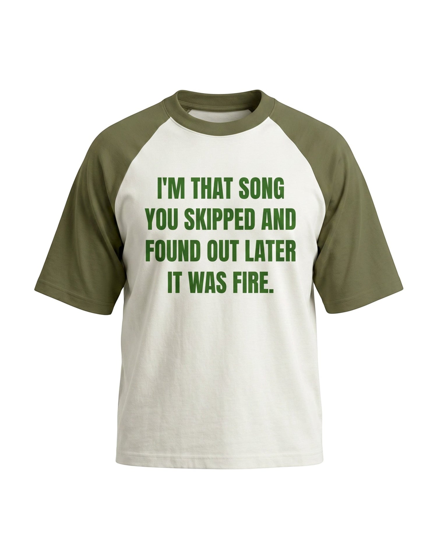 Frolic Saga unisex oversized raglan t-shirt in cream with olive green sleeves and green graphic text print.