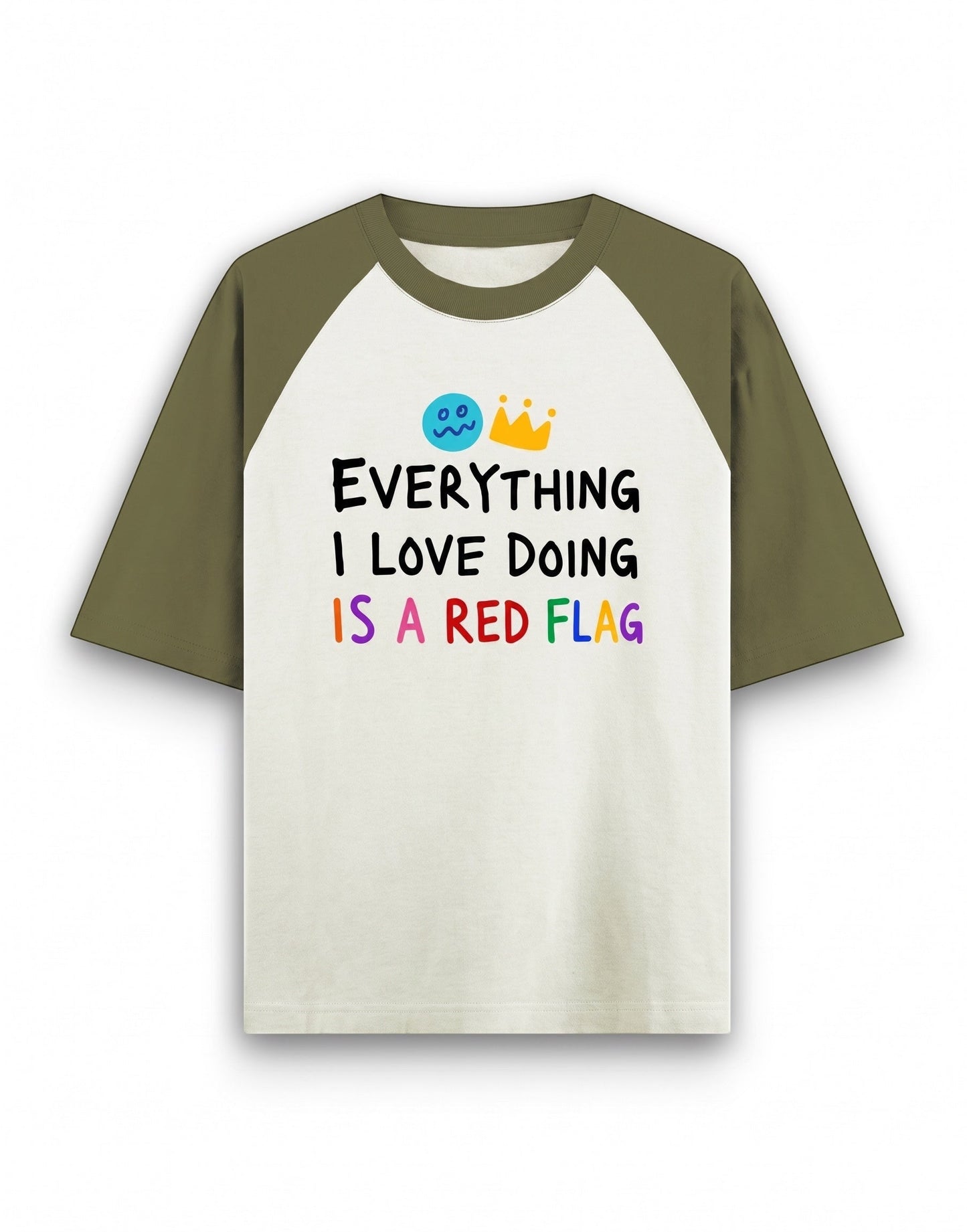Frolic Saga unisex oversized raglan t-shirt in cream and olive green with a graphic print on the front.
