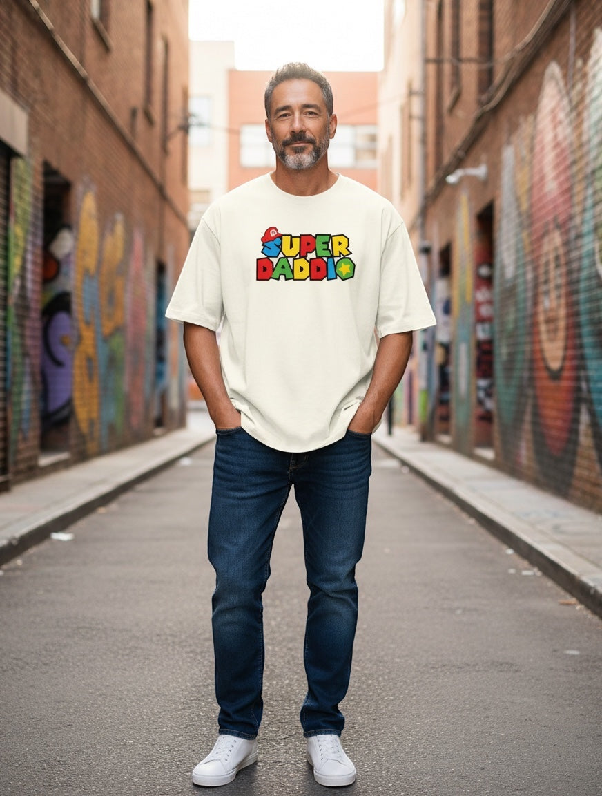 Frolic Saga unisex oversized cream t-shirt with "SUPER DADDIO" graphic print in colorful Mario-style font. 100% cotton.