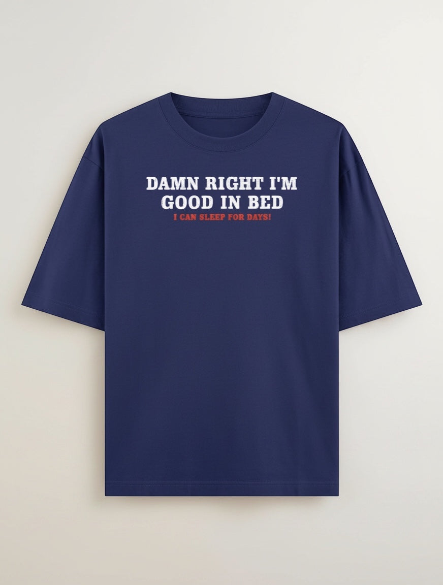 Frolic Saga navy blue 100% cotton oversized t-shirt with white and red text graphic.