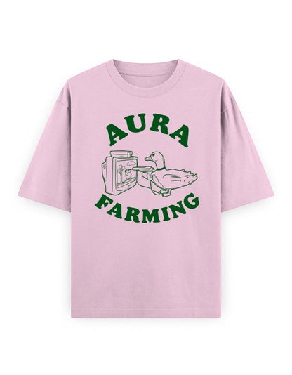 Frolic Saga Unisex oversized classic t-shirt in pink 100% cotton with green 'Aura Farming' graphic of a duck and TV.