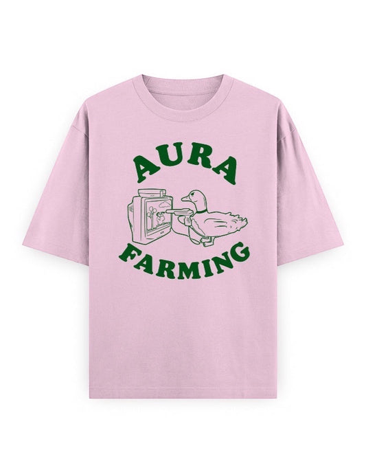 Frolic Saga Unisex oversized classic t-shirt in pink 100% cotton with green 'Aura Farming' graphic of a duck and TV.