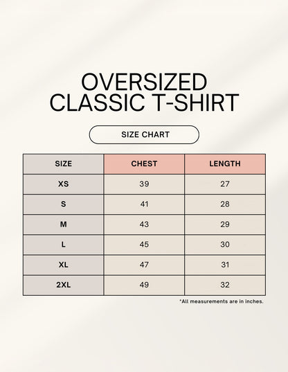 Frolic Saga unisex oversized classic t-shirt size chart with chest and length measurements in inches