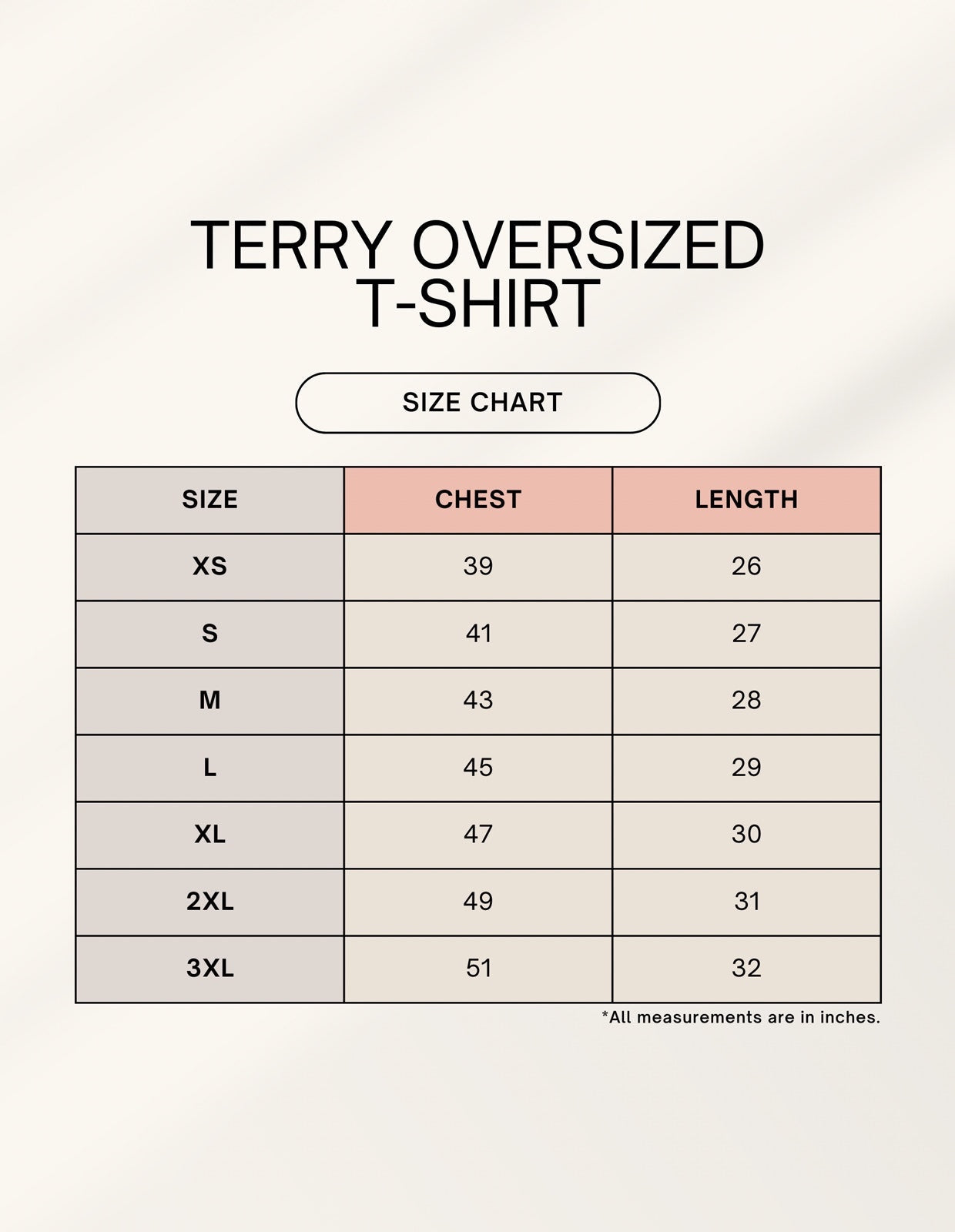 Frolic Saga Terry Oversized T-Shirt size chart with chest and length measurements in inches for sizes XS to 3XL.