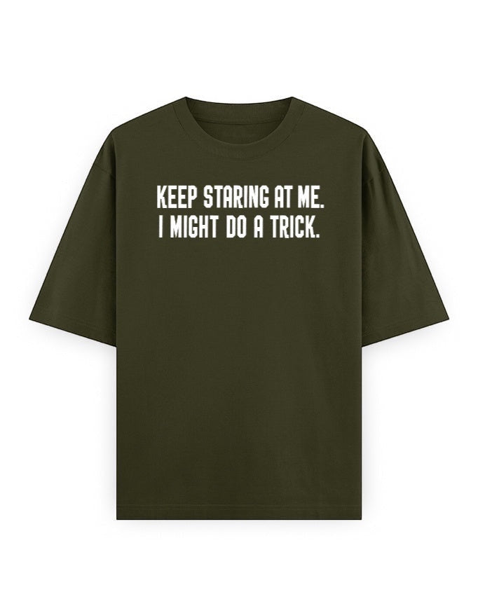 Frolic Saga Unisex oversized classic t-shirt in olive green, 100% cotton with white text graphic.