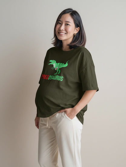 Frolic Saga olive green 100% cotton oversized t-shirt with a "PREGOSAURUS" graphic and a pregnant woman wearing it.