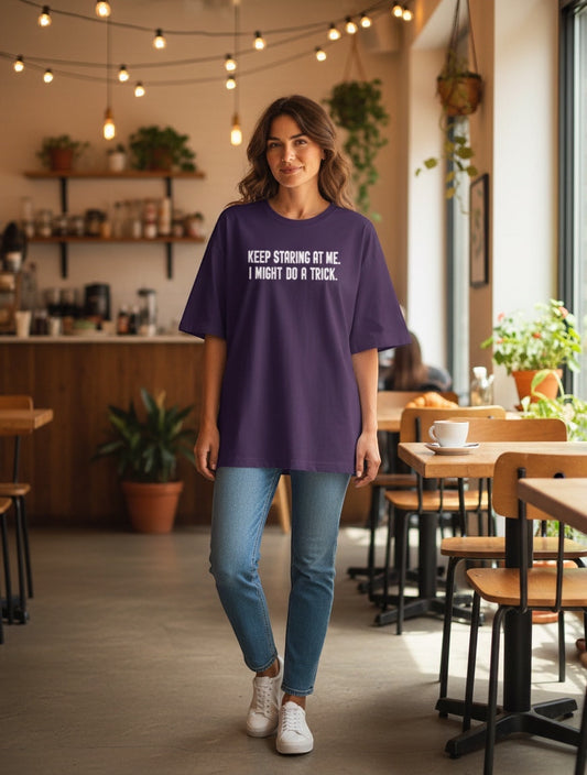 Frolic Saga unisex oversized classic t-shirt in deep purple, 100% cotton with white text graphic.
