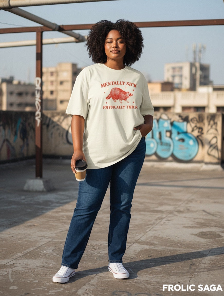 Frolic Saga cream oversized t-shirt with red vintage raccoon graphic and text "Mentally Sick Physically Thick".